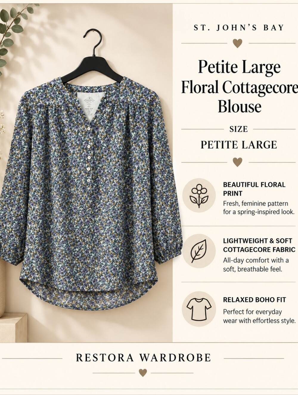 St. John's Bay Blouse Floral 3/4 Sleeve Petite Large Cottagecore